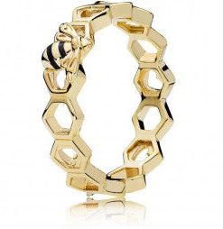 Bee and honeycomb 14k Gold Plated  ring with black enamel
