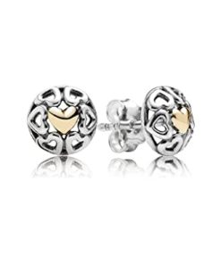 Openwork hearts silver stud earrings with 14k heart