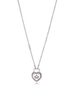 Heart padlock silver pendant with fancy fuchsia pink cubic zirconia and necklace