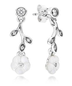 Floral silver earrings with mother of pearl and clear cubic zirconia