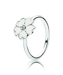 Primrose silver ring with cubic zirconia and white enamel