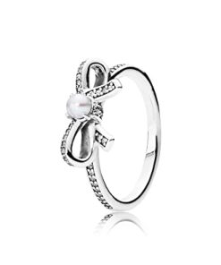 Bow silver ring with freshwater cultured pearl and clear cubic zirconia