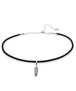Feather pendant and choker with black leather and clear cubic zirconia