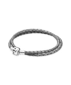 Silver leather bracelet. double. silver grey