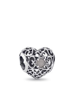 June silver heart charm with grey moonstone