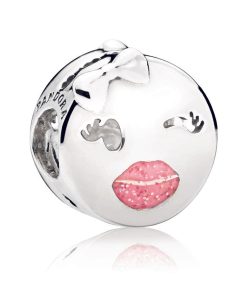 Winking emoticon silver charm with pink enamel