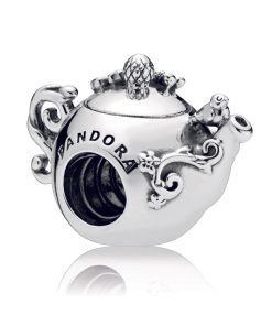 Teapot silver charm with clear cubic zirconia and pink enamel