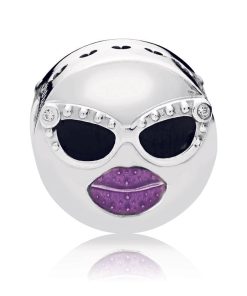 Emoticon silver charm with purple and black enamel and clear cubic zirconia