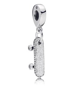 Skateboard silver dangle with clear cubic zirconia