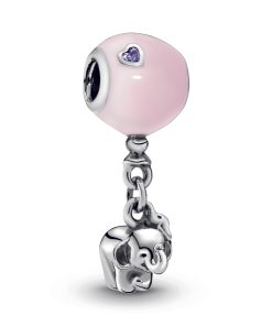 Balloon and elephant silver charm with pink enamel and royal purple crystal