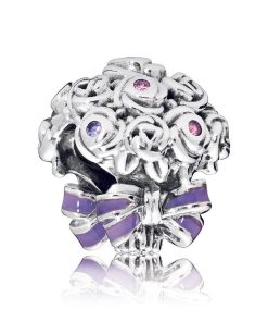 Flower bouquet silver charm with lilac crystal. rose pink crystal and purple enamel