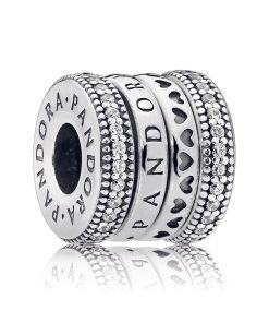 PANDORA logo silver spinning charm with clear cubic zirconia