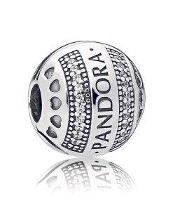 PANDORA logo silver clip with clear cubic zirconia and silicone grip