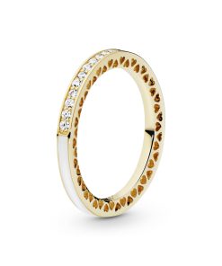 Ring in 14k with clear cubic zirconia and silver enamel