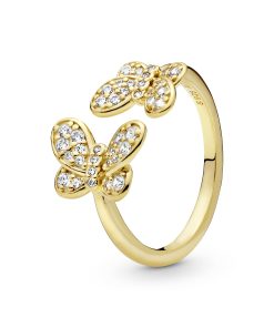 Butterfly 14k Gold Plated  open ring with clear cubic zirconia