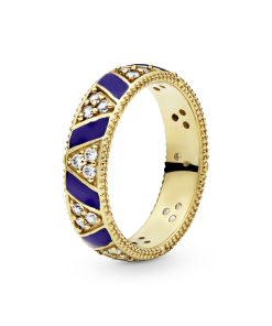 14k Gold Plated ring with clear cubic zirconia and blue enamel