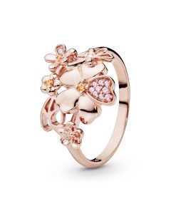 Floral 14k Rose Gold-plated ring with rose pink crystal. pink cubic zirconia and honey cubic zirconia