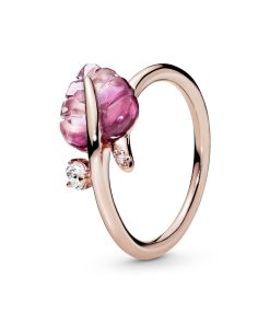 Leaf 14k Rose Gold-plated ring with pink Murano glass and clear cubic zirconia