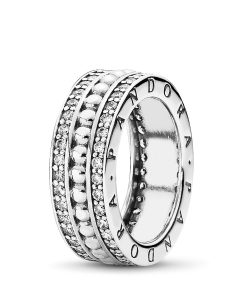 PANDORA logo silver ring with clear cubic zirconia