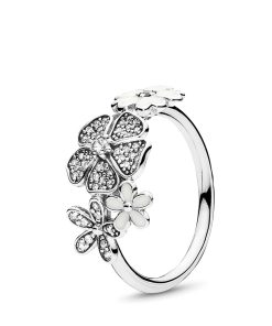 Floral silver ring with clear cubic zirconia and white enamel