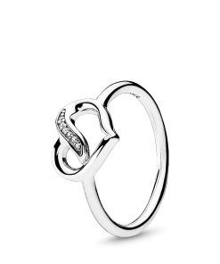 Ribbon heart silver ring with clear cubic zirconia
