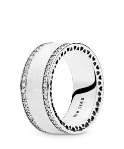 Silver ring with clear cubic zirconia and silver enamel