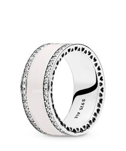 Silver ring with clear cubic zirconia and pink enamel