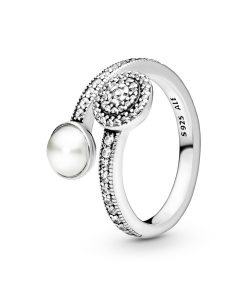 Open silver ring with white crystal pearl and clear cubic zirconia
