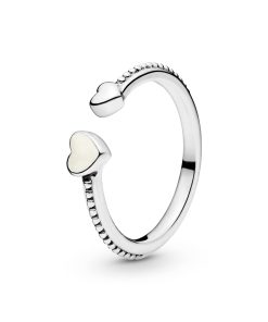 Open heart silver ring with silver enamel