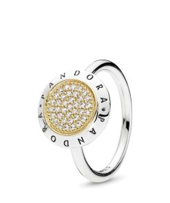 PANDORA logo silver ring with 14k and clear cubic zirconia