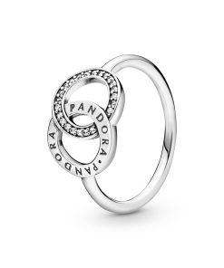 PANDORA logo silver ring with clear cubic zirconia