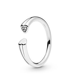 Two hearts silver open ring with clear cubic zirconia