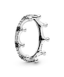 Crown silver ring with clear cubic zirconia and black crystal