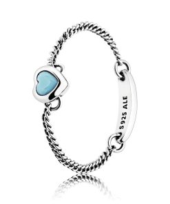 Silver chain ring with cyan blue crystal