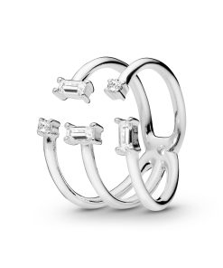Open ice cube silver ring with clear cubic zirconia