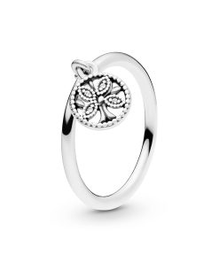 Family tree silver ring with clear cubic zirconia