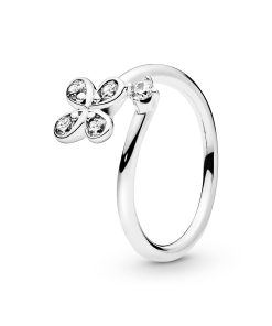 Flower silver open ring with clear cubic zirconia