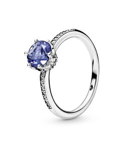 Crown sterling silver ring with stonewash blue crystal and clear cubic zirconia