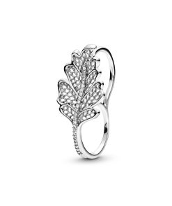 Double finger oak leaf sterling silver ring with clear cubic zirconia