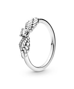 Angel wing sterling silver ring with clear cubic zirconia