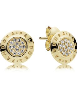 14k Gold Plated  logo stud earrings with clear cubic zirconia
