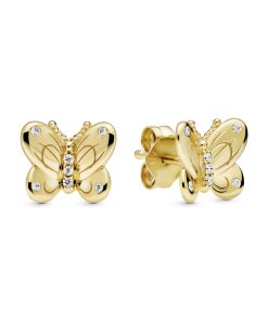 Butterfly 14k Gold Plated  stud earrings with clear cubic zirconia