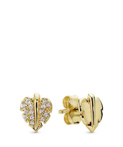Leaf 14k Gold Plated  stud earrings with clear cubic zirconia