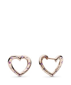 Heart 14k Rose Gold-plated hoop earrings with royal purple crystal. lilac crystal and clear cubic zirconia