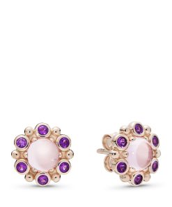 PANDORA Rose stud earrings with pink mist and royal purple crystal