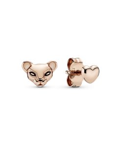 Lioness and heart 14k Rose Gold-plated stud earrings with black enamel