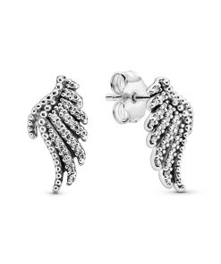 Phoenix feather silver stud earrings with clear cubic zirconia