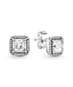 Square silver stud earrings with clear cubic zirconia
