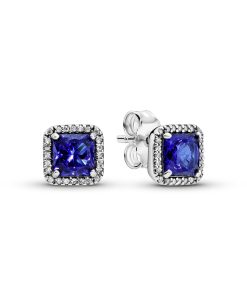 Silver stud earrings with true blue crystal and clear cubic zirconia