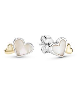 Heart silver stud earrings with 14k and mother of pearl